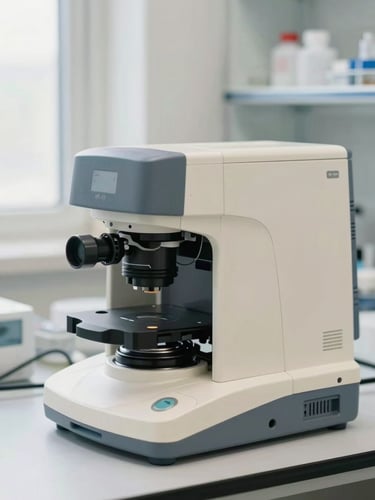 A clean laboratory setting focusing on high-tech embryology equipment, soft natural daylight, muted cool tones, shallow depth of field