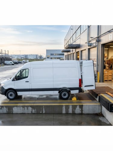 Wide shot of a meticulously clean, modern commercial cargo van, parked on a loading dock at dawn, professional corporate tones, sharp focus, 35mm lens, bright natural daylight.