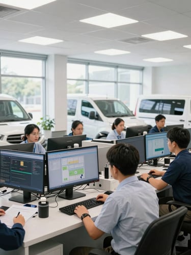 Professional Atiras Group dispatch office interior, bright and organized, with team members in uniform monitoring screens, clear daylight streaming through windows, sharp focus on operational efficiency.