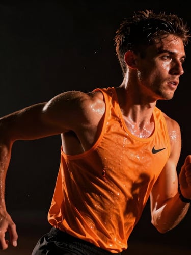 Heroic low-angle portrait of an athletic runner in motion, dramatic chiaroscuro lighting, sweat glistening under harsh orange neon light, dark background