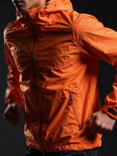 Dramatic close-up of a technical orange windbreaker jacket, heavy shadows, neon lighting, texture of ripstop nylon, action motion blur, 35mm lens