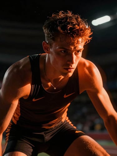 Hero portrait of a focused athlete in a dark stadium, dramatic orange neon rim lighting, high contrast, action motion blur, 35mm lens