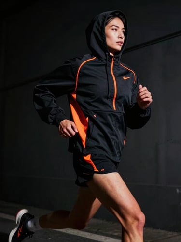 Low-angle dramatic sports portrait of a runner in a dark alley, wearing an oversized black technical hoodie with neon orange details, high-contrast harsh lighting, shadows, 35mm lens.