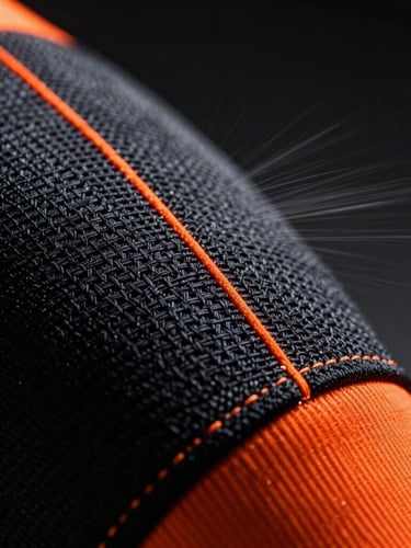 Macro extreme close-up of a high-tech athletic fabric, showing detailed weave and orange stitching, dramatic side lighting, dark moody background, high contrast.