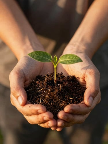 Close-up of hands holding a small native seedling with rich dark soil, warm golden-hour sunlight, shallow depth of field