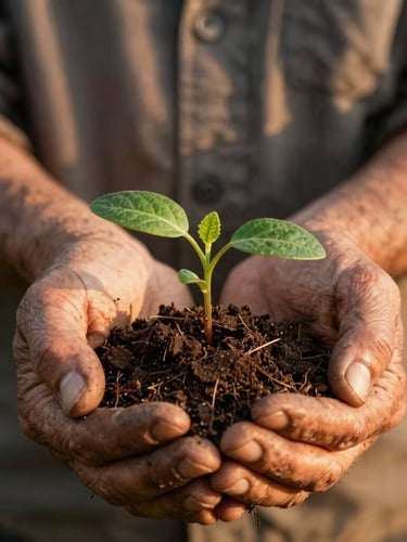 Close-up of a local worker's weathered hands gently holding a small green native seedling with rich dark soil, warm golden-hour sunlight, shallow depth of field