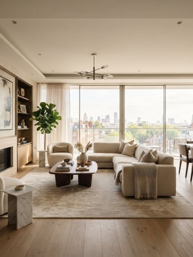 Wide-angle architectural interior of a luxury apartment living room, bright natural daylight, warm neutral tones, high-end residential interior, no people.