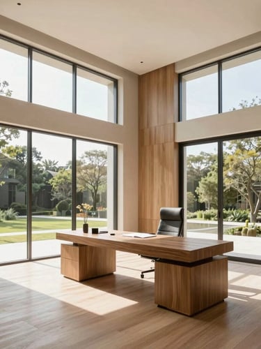 Architectural interior of a luxurious home office with large windows, natural light, minimalist design, and premium wooden finishes, seen from a wide-angle perspective.