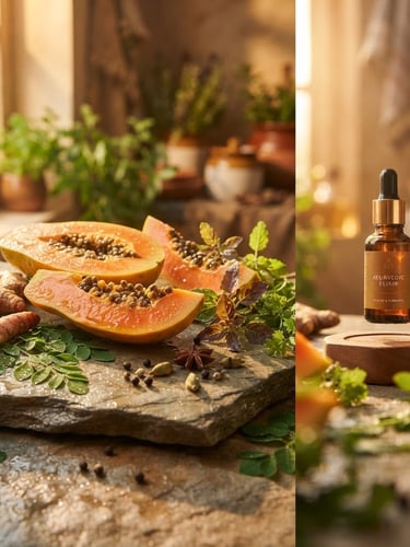 Wide panoramic shot of dewy papaya slices and fresh Ayurvedic herbs on a smooth stone surface, bathed in warm golden-hour window light, with soft reflections and macro depth of field. A floating amber glass jar with subtle reflections is in the right third.