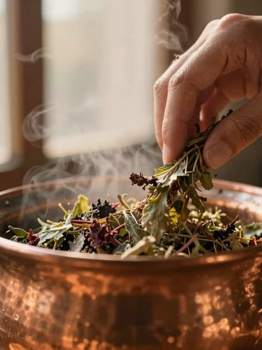 Portrait close-up of hands gently stirring fresh botanicals in a traditional copper vessel, bathed in soft golden window light, with steam rising gently. Macro depth of field focuses on the texture of the herbs and the vessel.