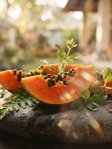 Macro close-up of fresh papaya slices and green leaves on a smooth stone, bathed in warm golden-hour window light, soft glassmorphic reflections, 35mm, wide aspect.