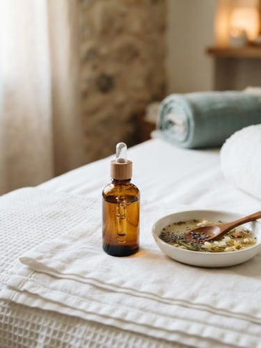 Close-up detail of smooth massage oils and pristine white linens in a quiet, softly lit treatment room, calm editorial photography, soft diffused window light, shallow depth of field