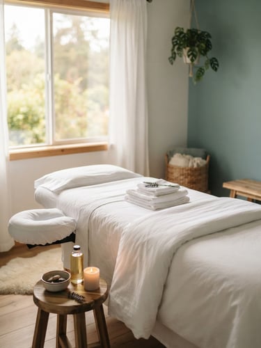A serene, clean massage therapy room with crisp white linens on a pristine table, soft natural light filtering through a window, shallow depth of field
