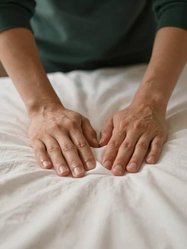 Close-up of hands applying firm, professional pressure to a clean cotton sheet, warm indirect lighting, shallow depth of field.