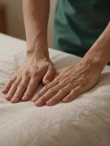 Close-up of hands applying restorative pressure on a clean linen surface, warm diffused indirect light, shallow depth of field