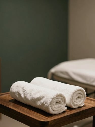 A minimalist, empty treatment room with fresh rolled white towels on a dark wood table, soft diffused light.