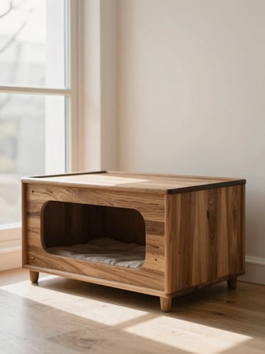 A beautifully designed wooden pet resting area in a sunlit room, soft natural light, minimalist apothecary-inspired styling, rich earth tones