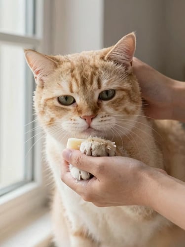 Close-up of a groomer gently washing a calm cat's paws with natural soap, soft window light, warm cream tones, shallow depth of field