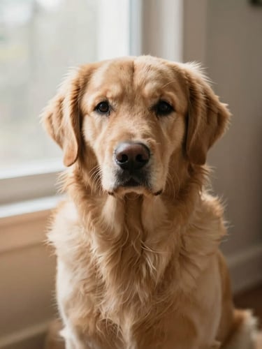 A calm golden retriever sitting peacefully in warm, soft natural window light, shallow depth of field, 35mm photography