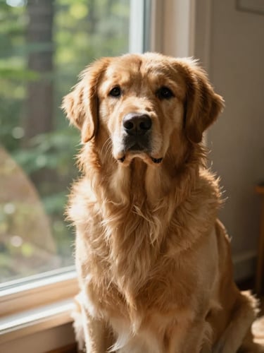 Candid warm editorial photo of a healthy golden retriever sitting calmly by a sunlit window, soft natural light, rich forest green background tones, shallow depth of field, 35mm