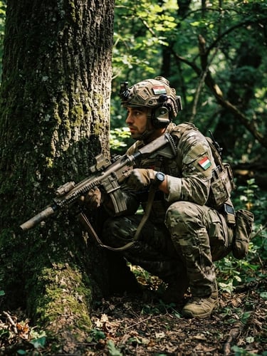 Low-angle gritty tactical shot of an airsoft player in full camo gear crouching behind a thick mossy tree trunk in Szolnok forest, holding a replica rifle, dappled sunlight filtering through dense green foliage, 35mm film style