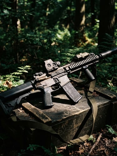 Close-up of tactical airsoft replica resting on a wooden crate in a dense, dark green Hungarian forest, dappled sunlight filtering through leaves, gritty 35mm photography style.