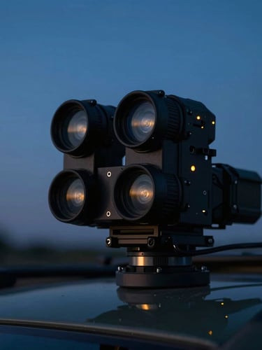Close-up of high-tech tactical direction-finding antenna array mounted on a vehicle, low-key dramatic lighting, cool blue twilight background with subtle amber indicator lights, 35mm.