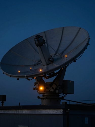 Dark tactical photography of a high-frequency direction-finding antenna array on a secure facility roof, low-key dramatic lighting, cool blue night sky, amber indicator lights, 35mm