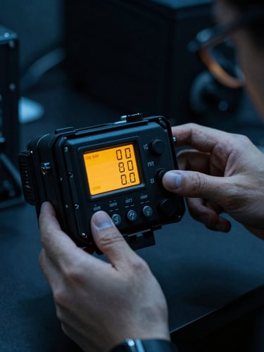 Dark clean-room environment with a technician calibrating a complex tactical receiver unit, glowing amber digital displays, cool blue ambient lighting, sharp macro details, 35mm