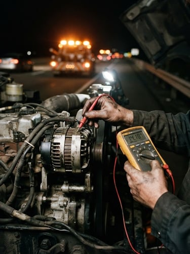 A close-up of a mechanic's hands testing a heavy-duty truck alternator with a multimeter on a dark highway shoulder, amber safety warning lights flashing in the background, gritty documentary style, 35mm lens