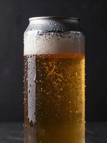 Close-up of a sweating craft beer can with condensation dripping down, dark slate background, dramatic side lighting with warm amber highlights