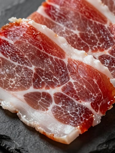 Extreme macro shot of freshly sliced prosciutto crudo on a dark slate surface, displaying intricate white fat marbling and rich ruby red meat, dramatic warm side lighting catching glistening textures.