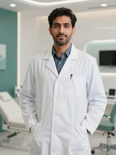 Professional clinical portrait of Dr. Ashhar Azmi in a pristine white medical coat, soft natural daylight, minimalist luxury medical clinic background, 35mm