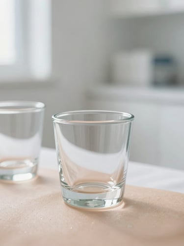 A close-up of sterile, modern glass cups placed on clean skin, bright soft natural daylight, pristine minimalist medical clinic environment, 35mm clinical photography