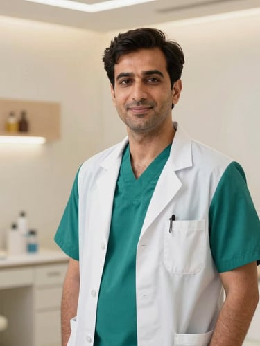 Professional portrait of Dr. Ashhar Azmi in clean clinical attire, warm lighting, minimalist medical clinic background, 35mm photography