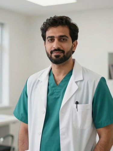 Professional warm portrait of Dr. Ashhar Azmi in professional clinical attire, clean minimalist medical office background, soft daylight, 35mm clinical photography