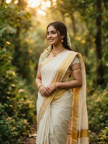 Elegant drape of a white and gold Kerala Kasavu saree on a model, warm natural daylight, soft golden-hour highlights, shallow depth of field