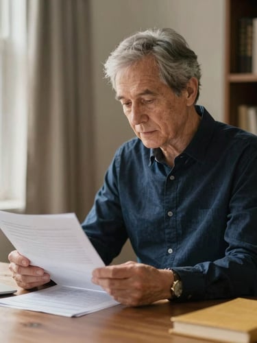 A thoughtful pre-retiree in a soft-lit home office reviewing financial documents, calm atmosphere, warm natural light, editorial wealth management style