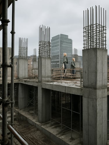 Construction site photographed from mid-level scaffold, exposed concrete columns and rebar structure in the foreground under overcast daylight, workers in hard hats operating at upper floors, urban building facades visible in the background, no staged poses