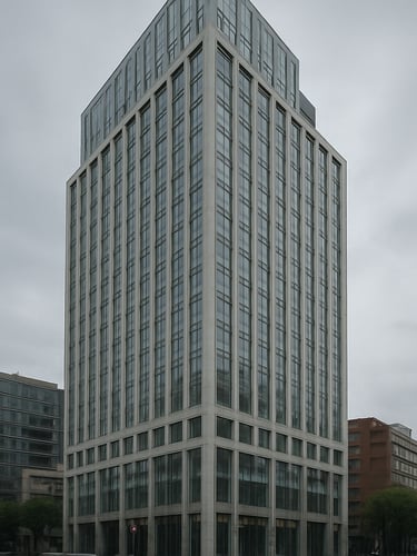 Wide street-level view of a completed modern commercial tower in Mexico City under overcast daylight, glass and concrete facade in sharp focus, surrounding urban context visible at the edges, documentary framing