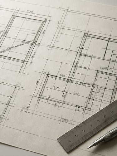 Architectural technical drawing laid flat on a white surface under diffused daylight, structural section cuts and floor plan annotations visible in ink on drafting paper, a steel ruler and mechanical pencil resting at the lower right corner, no people