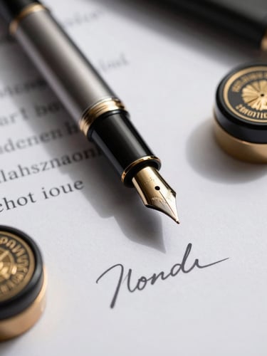 Close-up macro shot of a fountain pen resting on a signed legal document with official gold and black stamps, dramatic corporate lighting with sharp highlights and deep shadows, professional office background blurred