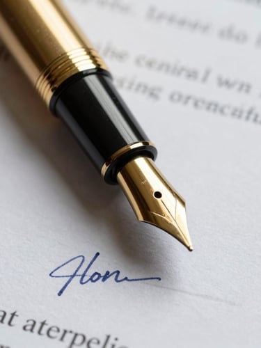 Close-up macro of a gold fountain pen resting on a signed legal document with official stamps, dramatic lighting, high contrast.