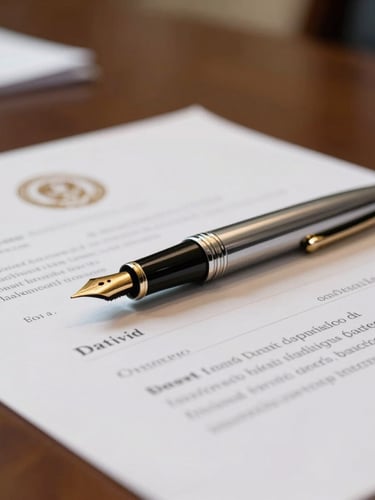 Macro close-up of a high-end corporate boardroom table, a luxury fountain pen resting on official legal documents with blurred government stamps, dramatic side lighting, sharp gold highlights.