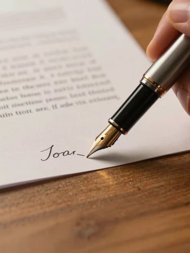 Close-up of a fountain pen signing a legal document on a warm wooden desk, soft side lighting casting a golden glow.