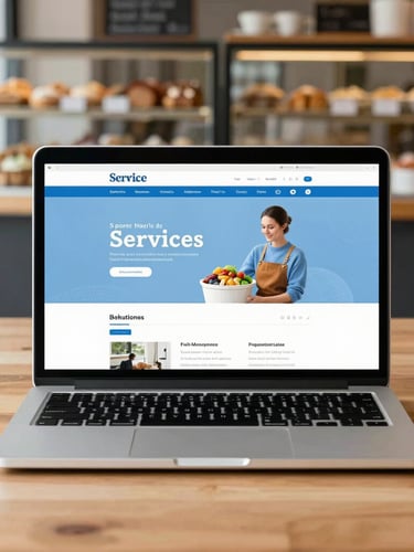 Straight-on eye-level photo of a modern laptop on a clean wooden desk in a bright, sunlit local bakery, displaying a clean service website, 35mm