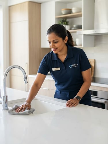 A professional Indian cleaning technician in a sharp blue uniform detailing a modern kitchen countertop, bright natural light, crisp focus.