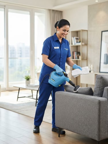 Medium shot of a professional Indian cleaning technician in a crisp blue uniform holding specialized cleaning equipment in a bright, modern Noida apartment.