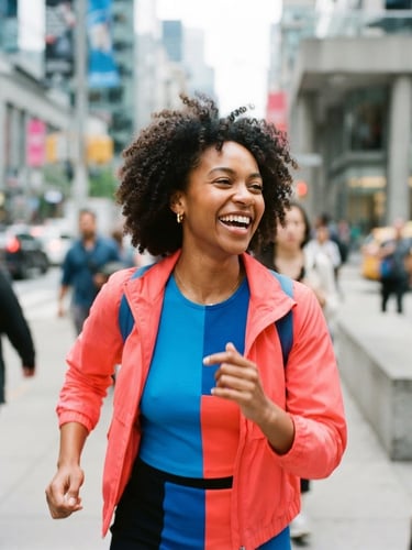 Vibrant campaign mockup in a dynamic urban setting, electric blue and vivid coral color blocks, high-key photography, tight crop, modern editorial, 35mm