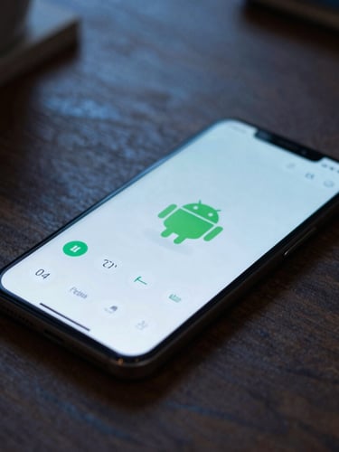 A macro shot of a sleek Android smartphone resting on a dark oak desk, displaying a clean minimalist app interface with soft green accents, illuminated by a gentle ambient screen glow in a cool-toned evening room.